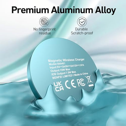 BENFEI Magnetic Wireless Charger Compatible with MagSafe for iPhone 17/16/15/14/13/12, Aluminum, up to 7.5W, 1.5m Cable - color: Teal