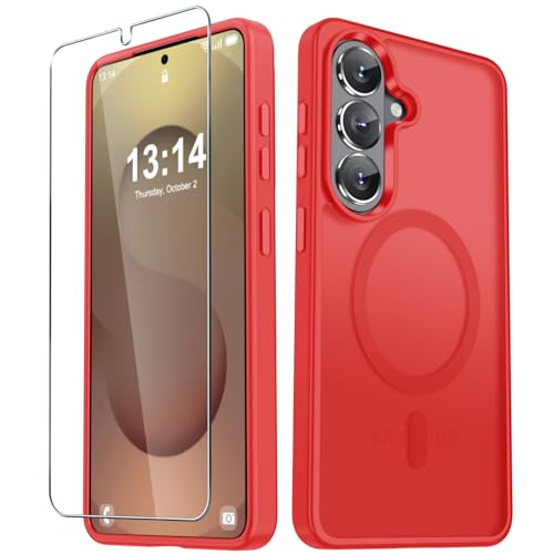 YENAPOON for Samsung Galaxy S26 Case, Matte Magnetic Phone Cover, Red | Fit for MagSafe, Screen Protector included, Shockproof Military Grade Protection, Translucent Frosted Back - color: Red, size: For Galaxy S26