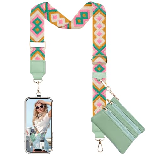 TiMOVO Clip and Go Phone Strap Crossbody with Leather Wallet, Adjustable Anti-Theft Lanyard with Pouch for Most Phone Case - color: Pink + Green + Yellow