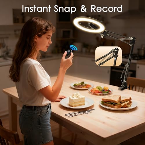 Magnetic Overhead Phone Mount with 10” Ring Light, 5000mAh Flexible Articulating Circle Lamp Table Tripod, iPhone Stand for Video Recording Cooking Nail, Zoom Meeting, Live Streaming Tiktok