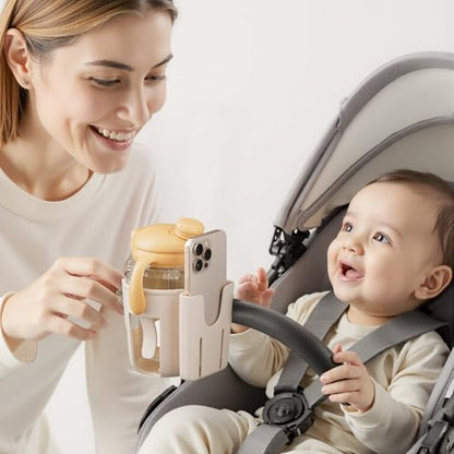 Li & Zhao Universal Stroller Cup Holder - 2-in-1 Wheelchair Cup Holder Adjustable Bike Drink Holder with Phone Holder Accessories for Rollator,Bike,Scooter,Walker(Beige) - color: Beige