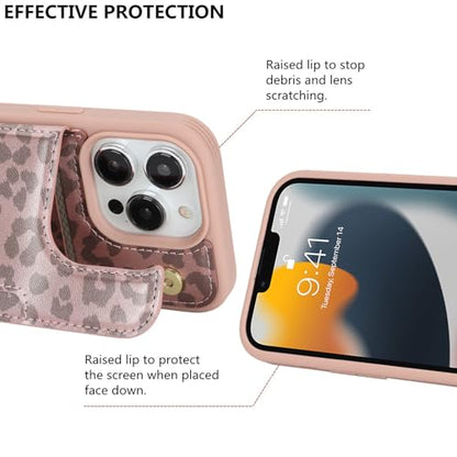 iCoverCase Compatible with iPhone 13 Pro Case with Card Holder, Wallet Phone Case for Women Men RFID Blocking PU Leather Protective Case 6.1 Inch (Rose Gold Leopard) - color: Rose Gold Leopard