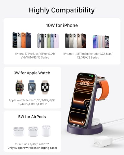 Anlmz 3 in 1 Charging Station - Wireless Charger for Apple Multiple Devices - color: Purple