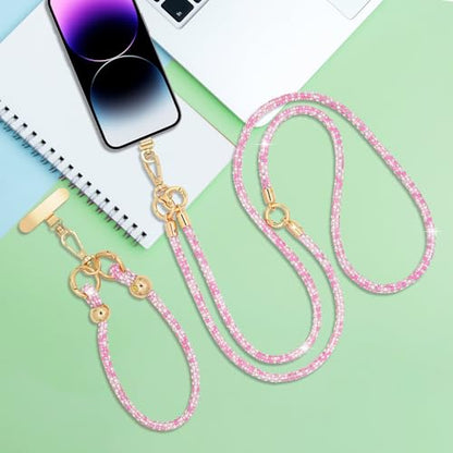 Crystal Phone Strap Crossbody and Wrist Lanyard, Anti Theft Layered & Wrist Strap Cell Phone Neck for Women - color: Pink