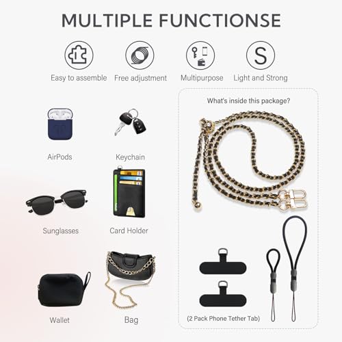 BFSDDM Crossbody Phone Strap - 2 Pads, Leather & Wrist Strap, Adjustable Finger Strap, Universal Phone Lanyard - color: Gold/Black Adjustable