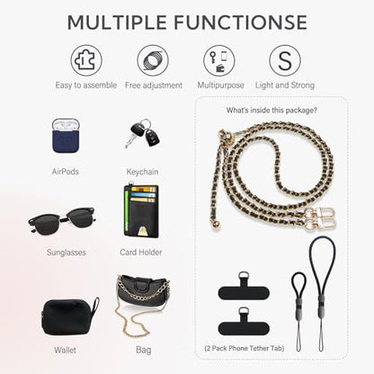 BFSDDM Crossbody Phone Strap - 2 Pads, Leather & Wrist Strap, Adjustable Finger Strap, Universal Phone Lanyard - color: Gold/Black Adjustable