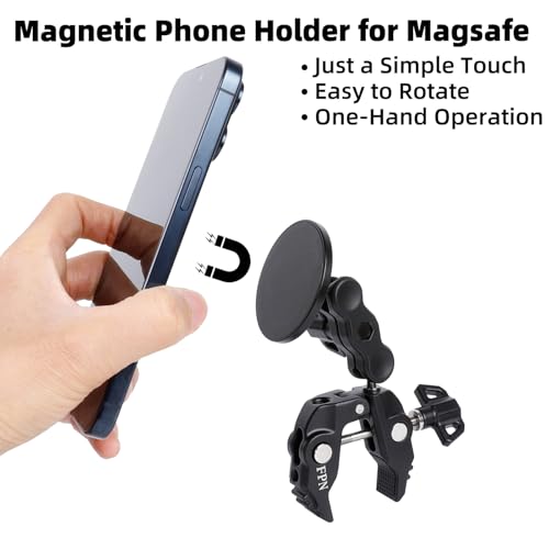 All-Metal Magnetic Phone Holder for Magsafe, Magnet Phone Mount with Super Clamp for Spin Bike/Microphone Stand/Cart/Railing/Handlebar/Dia 0.4-2" Rod, Compatible with iPhone 16 15 14 13 12 Series