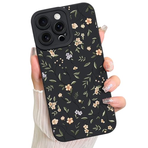 LSL Case for iPhone 15 Pro Colorful Floral Pattern Print Design | Soft TPU Full Camera Lens Anti-Drop Anti-Scratch Shockproof Protective Slim Black Cover for Women Girls - color: Color Floral Black Case, size: for iPhone 15 Pro