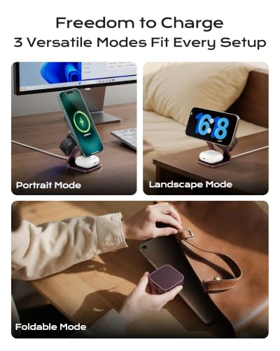 KU XIU Qi2.2 25W Magnetic Wireless Charger for iPhone 18 Pro Max, Foldable 3 in 1 Travel Charging Station for iPhone 18-12, 5W for Apple Watch & AirPods, Aluminum Alloy Design, 45W Adapter, Burgundy - color: Burgundy