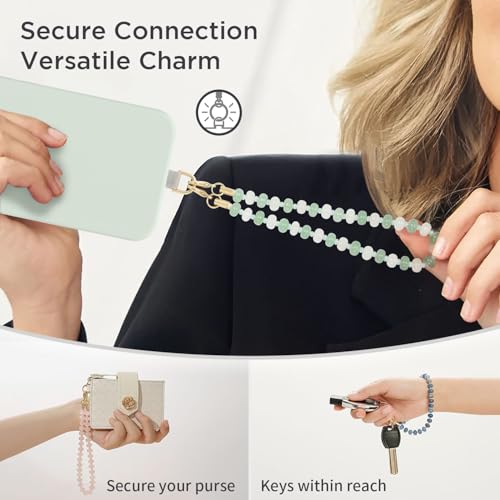 POSADINA Natural Stone Phone Charm, Beaded Healing Phone Wrist Strap, Handmade Cellphone Chain Lanyard with Tether Tab - color: Green Moon