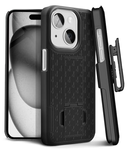 MOTIVE for iPhone 15 Plus Case with Belt Clip, Rigid, Kickstand | 6.7" | Ranger v1 Series, Black, 360° holster, open-top/open-bottom port access, textured grip, slim - size: iPhone 15 Plus