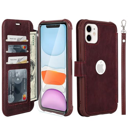 VANAVAGY Wallet Case for iPhone 11 6.1 inch, Burgundy | 12ft Drop-proof Cover for Women Men, Silm PU Leather, RFID Blocking Card Holder, Wrist Strap, Screen Protector - color: Burgundy