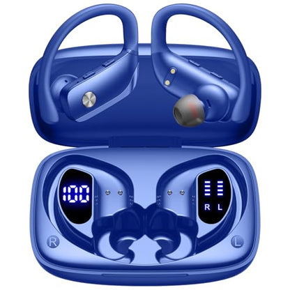 bmani Ear Buds Wireless Earbuds Bluetooth Headphones with 80H Playtime LED Display Case, Over-Ear Hook with Mic, Stereo Sound, Easy Button Controls, Sports Earphones for Running Workout Gym Blue - color: Blue, style: AI Buds Pro