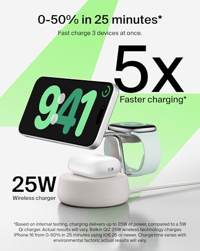 Belkin Qi2.2 25W Wireless Fast Charging Station, 3 in 1 iPhone Charger - color: Sand, style: 3 in 1