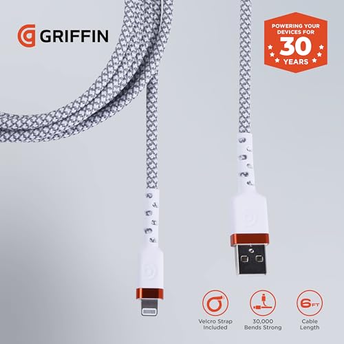 Griffin Lightning to USB-A Cable, Ultra-Durable Fast Charging Lightning Cable with 48 Spindle Braiding, Aluminum Heads, and 30,000 Bend Strength