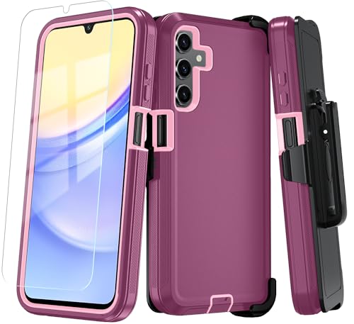 Qinmay Phone Case for Samsung Galaxy A15 5G Case with HD Screen Protector, Heavy Duty Shockproof & Dropproof 3-Layer Cover Phone Case for Galaxy A15,BeltClip_WineRed - color: BeltClip_WineRed, size: for Galaxy A15