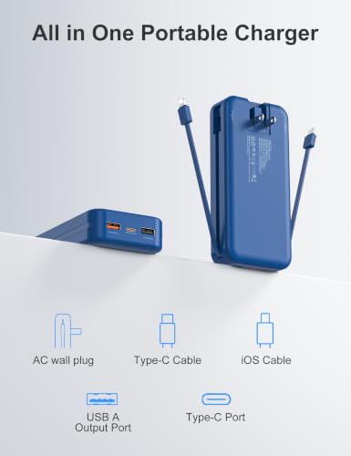 Portable Charger Power Bank 20000mAh with Built in Cables & Wall Plug - color: Navy