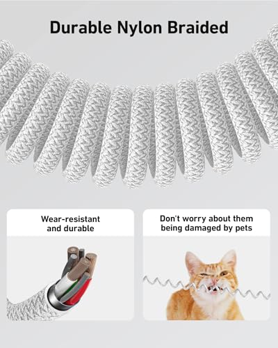 Coiled USB to USB C Cable for Car 3FT/6FT USBC Cables Fast Charging Braided - color: Silver, size: 3FT&6FT, style: USB A to USB C