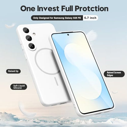 oakxco for Samsung Galaxy S25 FE Case Silicone Mag Safe, Magnetic Slim Thin Phone Case Compatible with Magsafe, Women Girls Cute Girly Aesthetic Soft Rubber Gel Safecase with Camera Cover, White - color: White, size: S25 FE