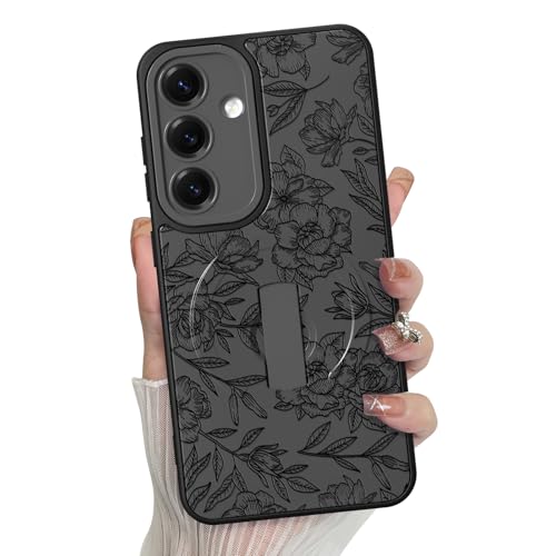MZELQ for Samsung Galaxy S25 Case Rose Floral Flower Pattern -Black | Silicone Cute Support for MagSafe, Kickstand Wristband Camera Protection Soft Slim Phone Case for Girls Women - color: Black-Rose, size: Samsung Galaxy S25