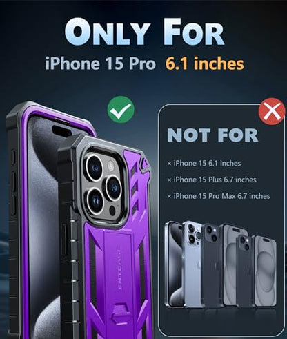 FNTCASE for iPhone 15 Pro Case, Built-in Screen Protector, Kickstand Purple | Military-Grade Drop Protection, Anti-Slip Matte Textured, Rugged Heavy Duty Shockproof TPU Protective Cover - color: Purple