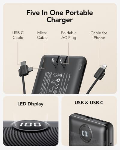 VRURC Portable Charger, Power Bank Built-in Cables and AC Wall Plug - color: Black