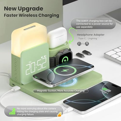 7 in 1 Charging Station for iPhone, Wireless Charging Station, Alarm Clock, Night Light, Wireless Charger for iPhone 17 16 15 14 13 12 Pro Max & Apple Watch - Charging Stand Dock for AirPods(Green) - color: Green
