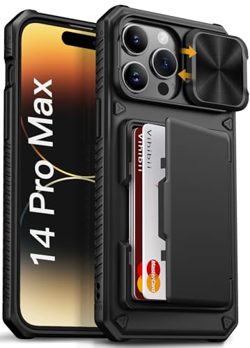 Vihibii for iPhone 14 Pro Max Case Wallet with Card Holder (4 Cards), Black | RFID Blocking, Slide Camera Lens Cover, Military-Grade Drop Protection, Raised Edges Protect Screen, Ditch the bulky bag - color: Black, size: iPhone 14 Pro Max