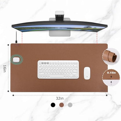 EYStech™ Desk Pad with Wireless Charger, Leather, Waterproof, Anti-Slip Wool Felt Base Material, Office Table Mat, Fast Charging Gaming Mouse Pad, 32”(L) x 16”(W), Brown (Left Side Charging Port)
