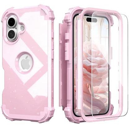 IDweel for iPhone 17 Case with Screen Protector for Women, 3 in 1 Shockproof Slim Fit Hybrid Heavy Duty Hard PC Cover Soft Silicone Bumper Full Body Anti-Fingerprint Case, Glitter Pink - color: Glitter Pink