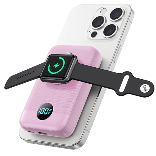 Magnetic Portable Charger for iPhone and Apple Watch, 10800mAh 25W PD Fast Charging USB C Power Bank, 4 Outputs Dual-Side Magnet Travel Essentials Battery Pack for iPhone 18/17/16/15/14/13/12, Pink - color: Pink
