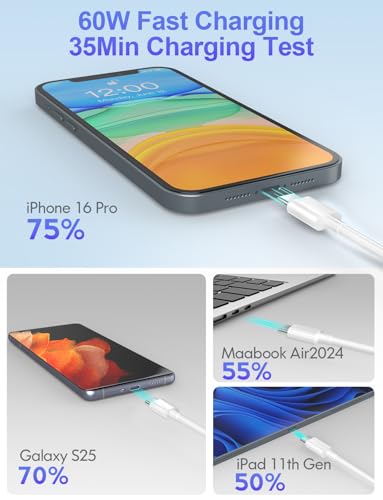 JIUWFOX USB C to USB C Cable, 60W Fast Charging Cable (3Pack, 3/6/10FT) - size: 3/6/10ft