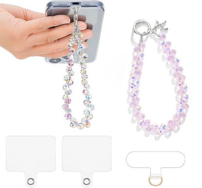 2 pcs Phone Wrist Strap Crystal Phone Charm Chain Keychain Beaded Cellphone Lanyard Detachable with 3 Tether Tab Hands-Free Wristlet Bracelet Wrist Grip for Women Girls Universal for iPhone White Pink - color: Crystal Set