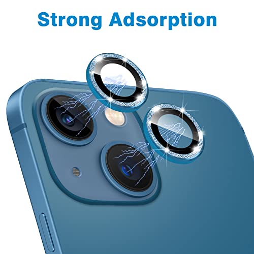for iPhone 13 Mini & iPhone 13 Camera Lens Protector, Bling Glitter 9H Tempered Glass Camera Cover Anti Scratch Shockproof Screen Protector Individual Ring - 2Pcs Glitter Blue - color: Blue Glitter