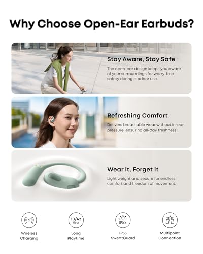 Soundcore AeroFit 2 by Anker Open Ear Earbuds, Open Ear Headphones, Earbuds - color: Minty Green, style: Standard