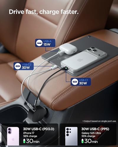 Spigen 3-in-1 60W Retractable USB C Car Charger, Support Fast USB C & USB A
