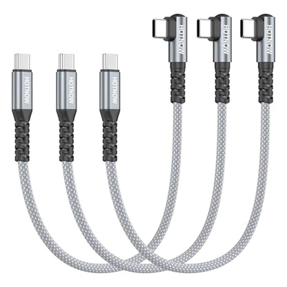 Short Right Angle USB C to USB C Cable 12 inch 3 Pack, PD 65W Fast Charging - color: Grey White, size: 1FT