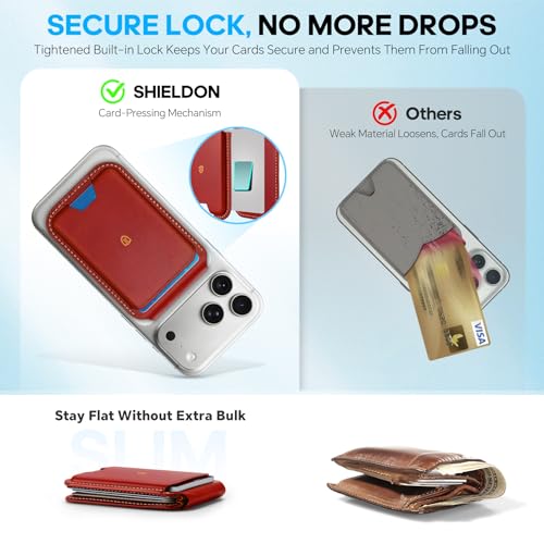 SHIELDON Genuine Leather Magnetic Wallet Stand for MagSafe, Retro Red | Strong Magnetic, 6 Card Holder, Kickstand, Angle Adjustment, Rfid Blocking, Quick-access, for iPhone 17/16/15/14/13/12 Series - color: Retro Red
