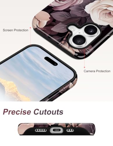 Jusy Magnetic Floral Phone Case for iPhone 15 Pro,Black Rose | Compatible with MagSafe, Cute Aesthetic Striped Design, TPU and PC Protective Shockproof Cover - color: Black Rose