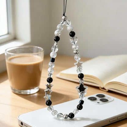 Cute Beaded Camera Wrist Strap for Phone, Digital Camera Charm Lanyard, Pearl Beaded Chain for Bag Keychain Gift - color: Black Star