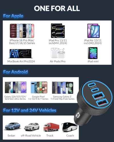 iPhone 18 17 16 Car Charger Fast Charging, 90W 4Port USB C Fast Car Charger - color: Black