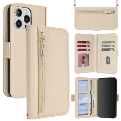 for iPhone 15 Pro Wallet Case for Women,for iPhone 15 Pro Case with Strap Crossbody Lanyard,PU Leather Shockproof Card Holder Stand Zipper Pocket Flip Phone Case-Beige - color: Beige