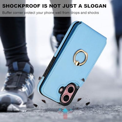 Folosu Compatible with iPhone 16 Case Wallet with Card Holder, 360°Rotation Finger Ring Holder Kickstand, RFID Blocking Leather Protective Double Buttons Shockproof Cover 6.1 Inch Blue - color: Blue