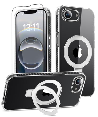 Magnetic for iPhone 17e/16e Case Built-in Seamless Stand, Clear | with Screen Protector + Camera Lens Protector, [Compatible with MagSafe] Protective Shockproof Slim Phone Case - color: Clear, size: iPhone 16E 6.1"