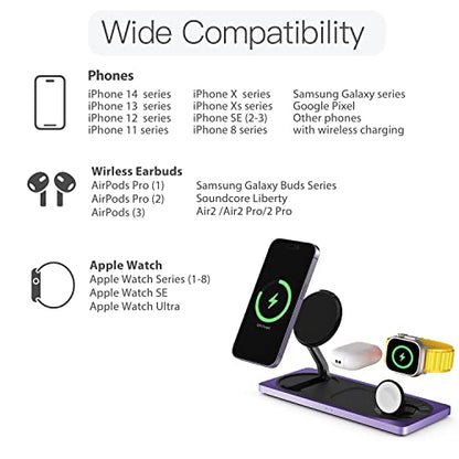 PETINO Mag-Safe Charger Stand, 3-in-1 Magnetic Wireless Charging Station for Apple Devices, iPhone 15/14/13/12 Series, Apple Watch, AirPods Pro (Purple) - color: Purple