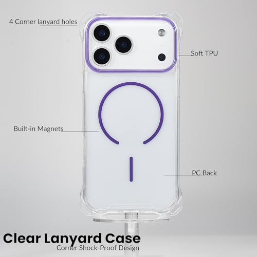 Magnetic for iPhone 17 Pro Crossbody Phone Case,Clear/Purple,Clear Magnetic Soft Frame PC Back Shockproof Protective Phone Cover with Adjustable Detachable Lanyard,Compatible with MagSafe - color: Clear/Purple, size: iPhone 17 Pro