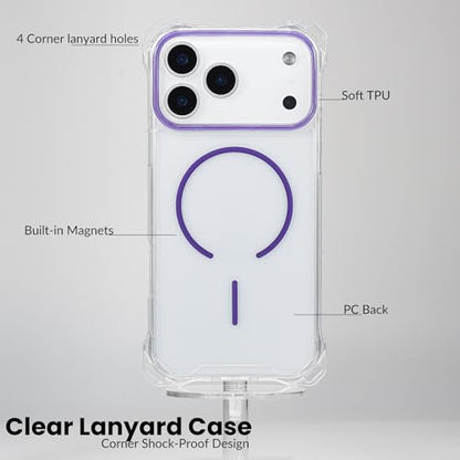 Magnetic for iPhone 17 Pro Max Crossbody Phone Case,Clear/Purple,Clear Magnetic Soft Frame PC Back Shockproof Protective Phone Cover with Adjustable Detachable Lanyard,Compatible with MagSafe - color: Clear/Purple, size: iPhone 17 Pro Max