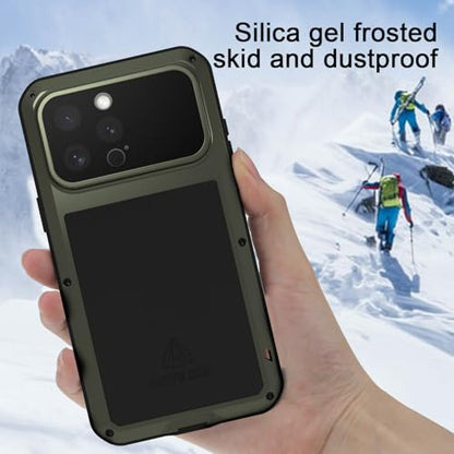LOVE MEI Military Rugged Case for iPhone 16 Pro Max, with Tempered Glass Screen Protector, Shockproof Dustproof Scratch Proof Hybrid Metal and Silicone Gel Heavy Duty Full Body Cover Green - color: Green