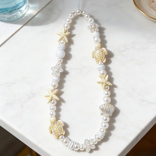 Cute Beaded Camera Wrist Strap for Phone, Digital Camera Charm Lanyard, Pearl Beaded Chain for Bag Keychain Gift - color: White Turtle