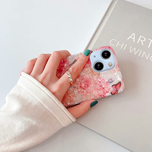 Qokey for iPhone 13/14 Case 6.1 inch,Flower Design Cute Clear for Women Girls with 360 Degree Rotating Ring Kickstand Soft TPU Shockproof Cover Rose Butterfly - color: Rose